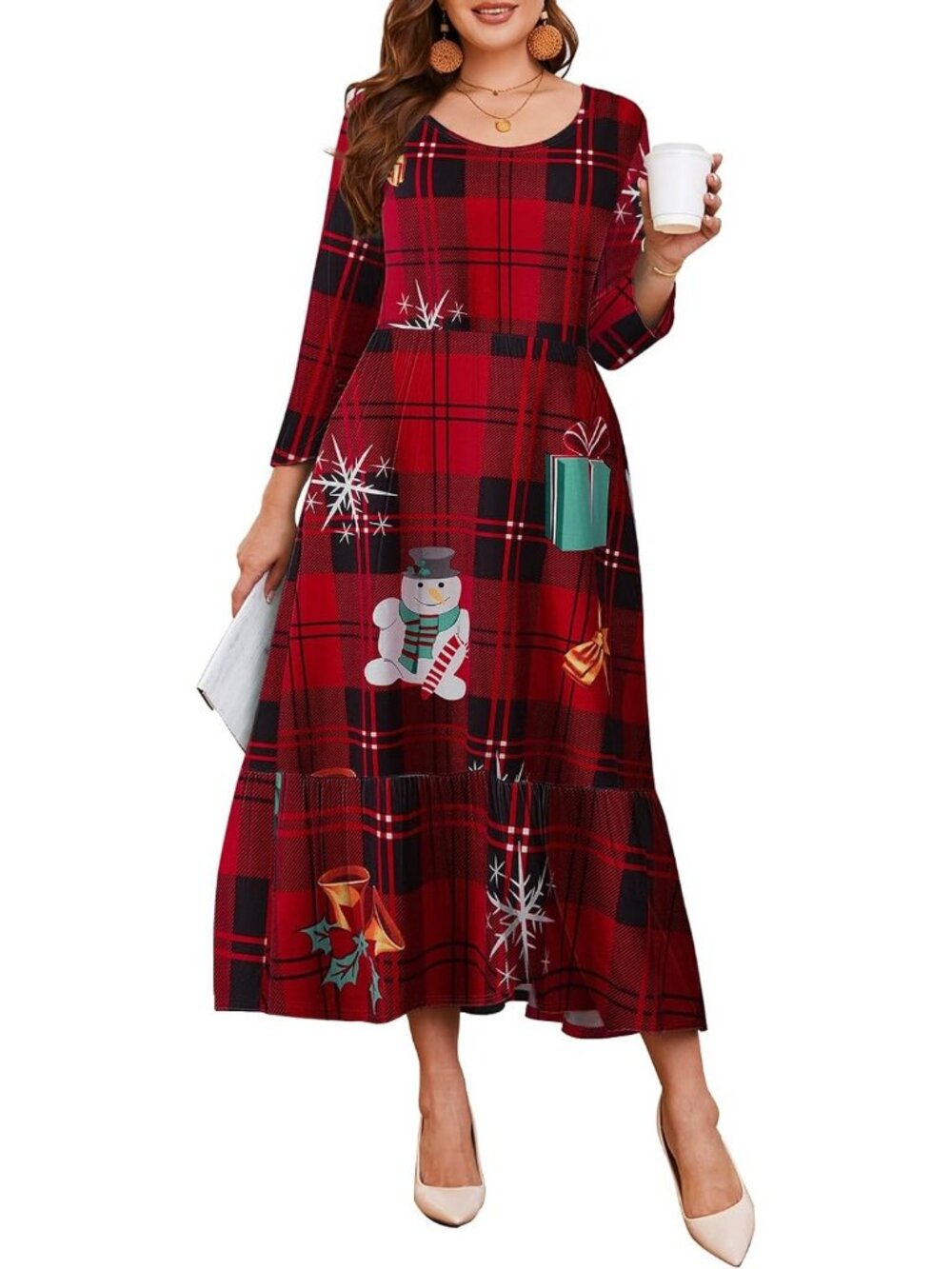 Women's Red Christmas Casual Plus Size Maxi Dress Pockets Plus Size Maxi Dresses